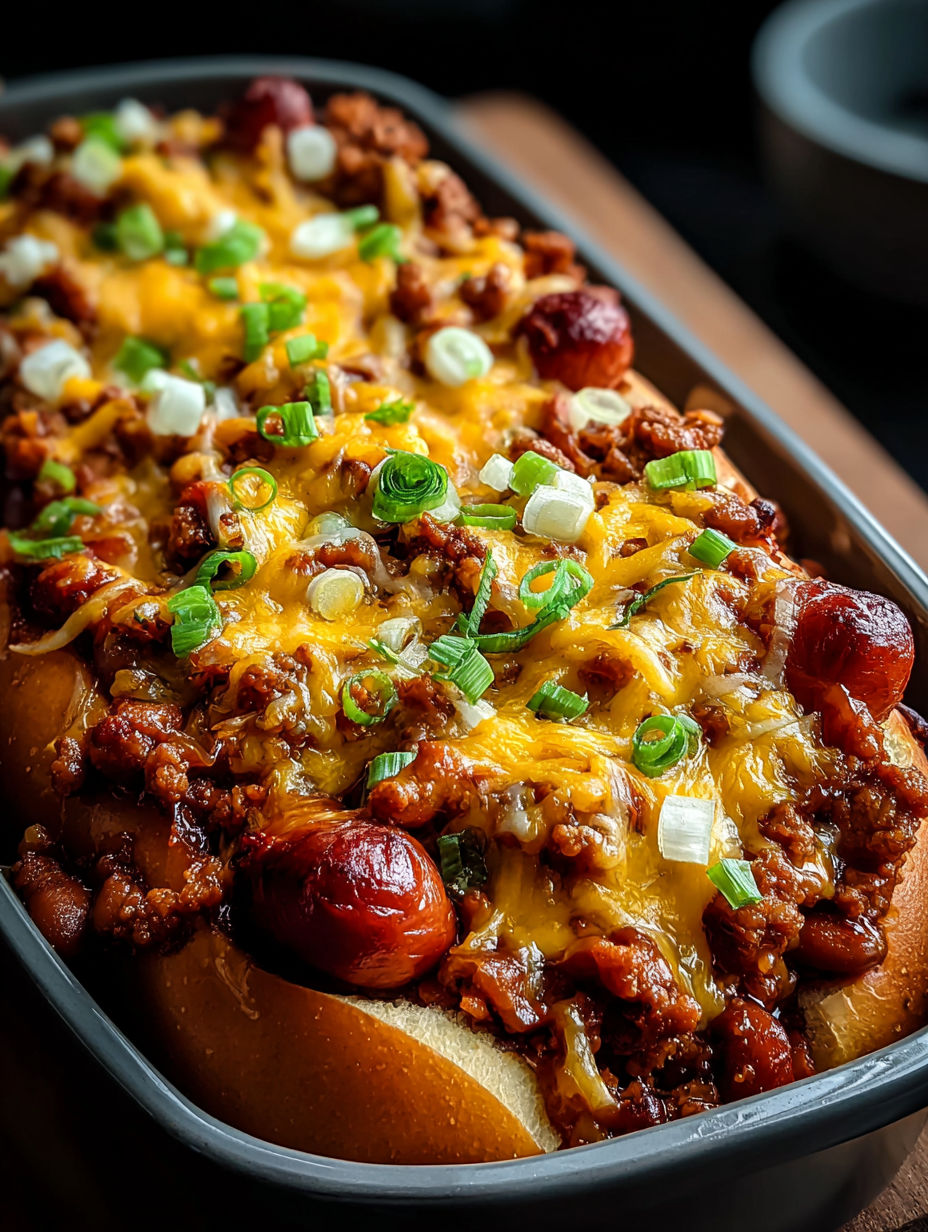 A chili cheese dog casserole with onions and peppers.