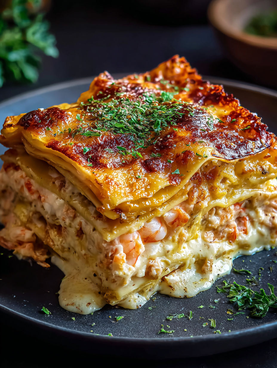 A delicious seafood lasagna on a plate.