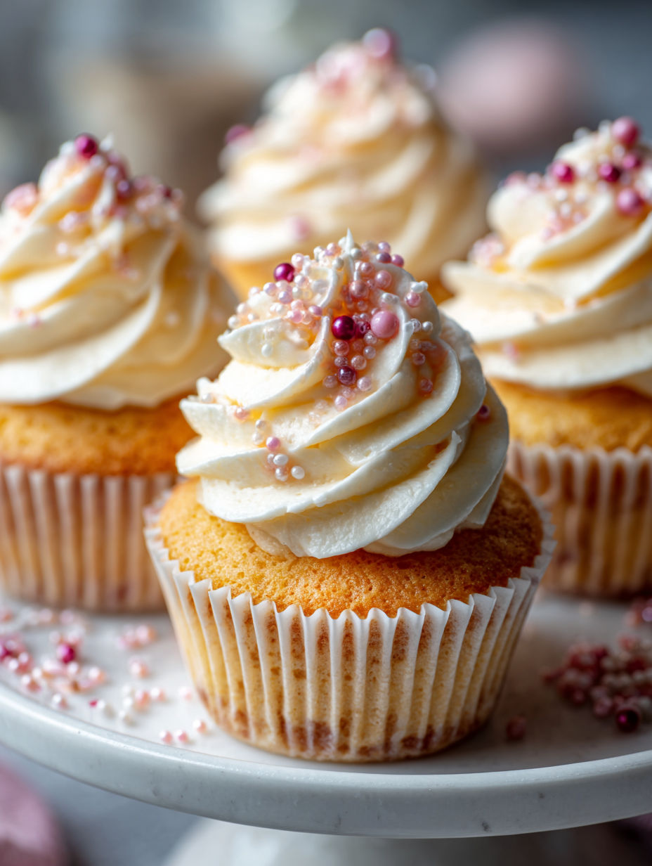 Three cupcakes with white frosting and pink sprinkles.