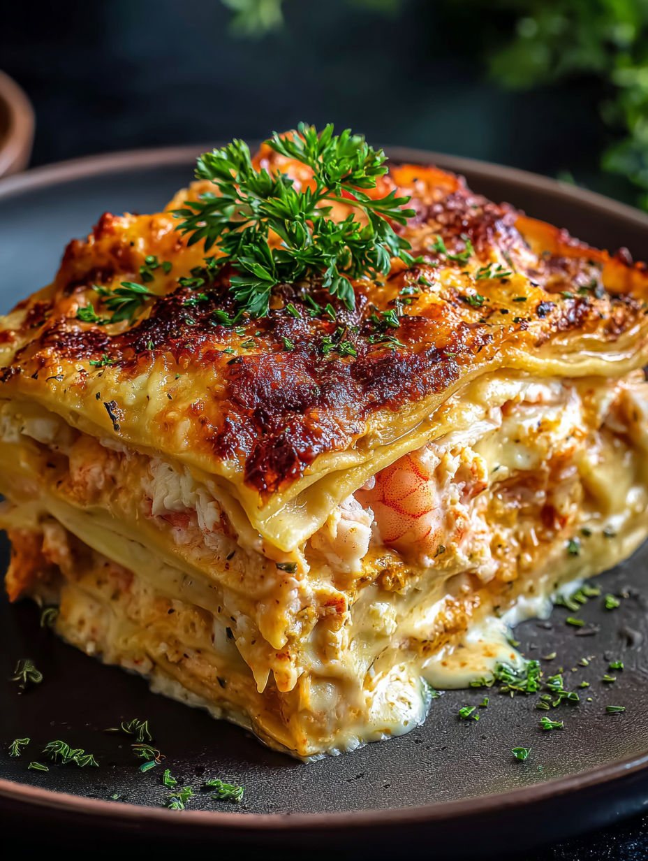 A plate of seafood lasagna with a green garnish.