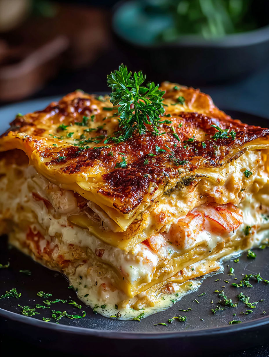 A seafood lasagna with a green herb on top.