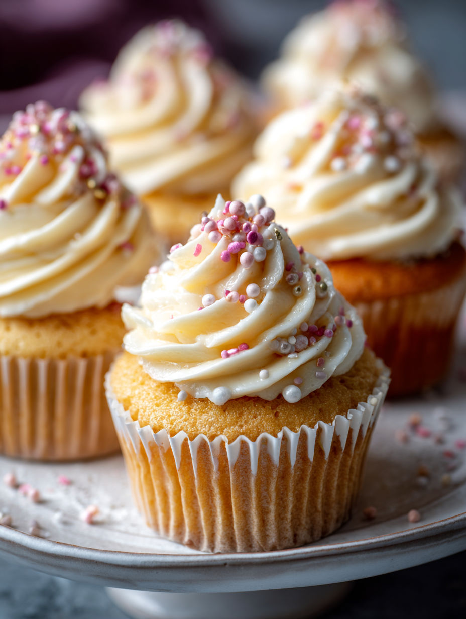 Three cupcakes with white frosting and pink sprinkles.
