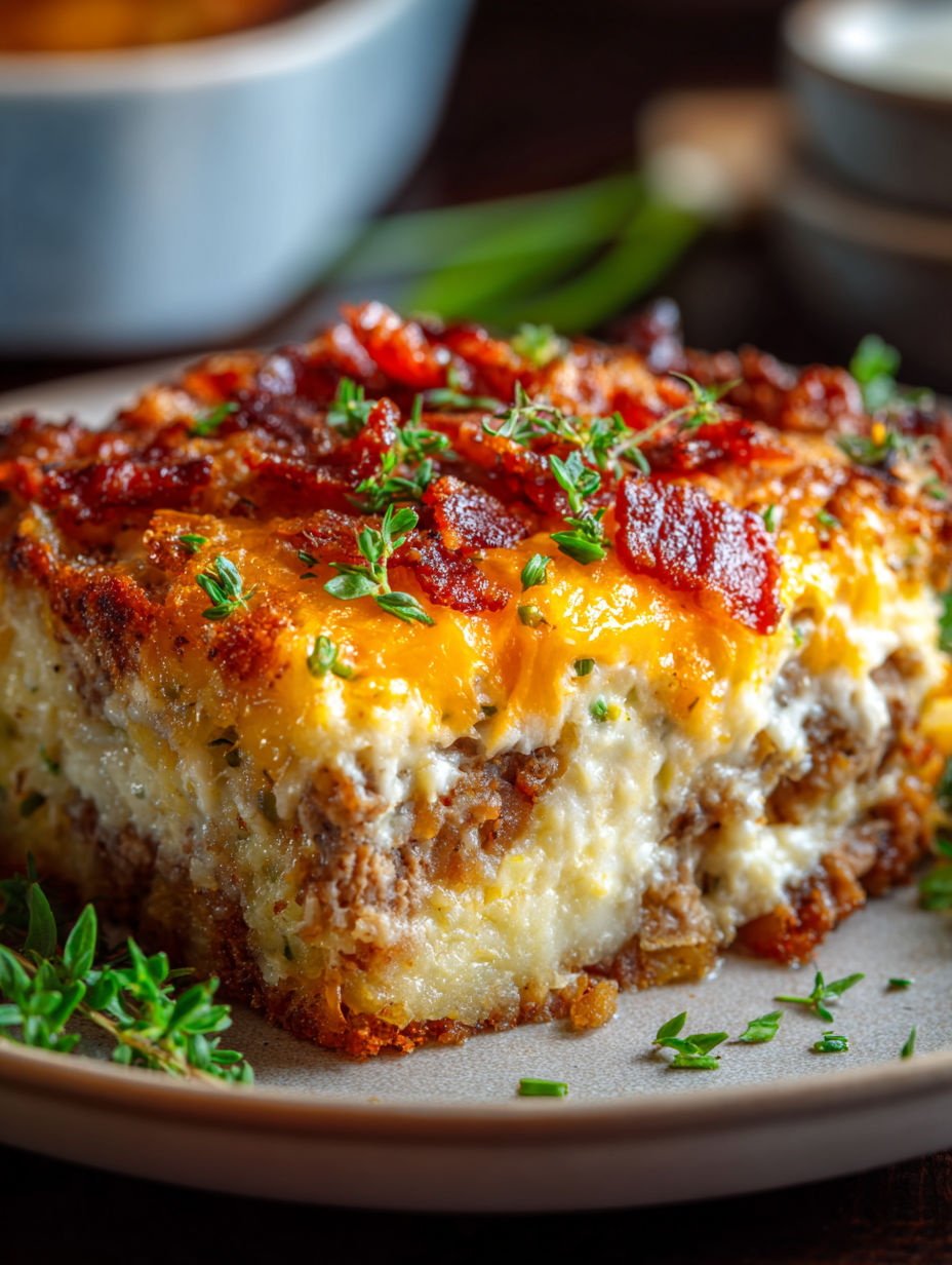 A loaded potato meatloaf casserole on a plate.