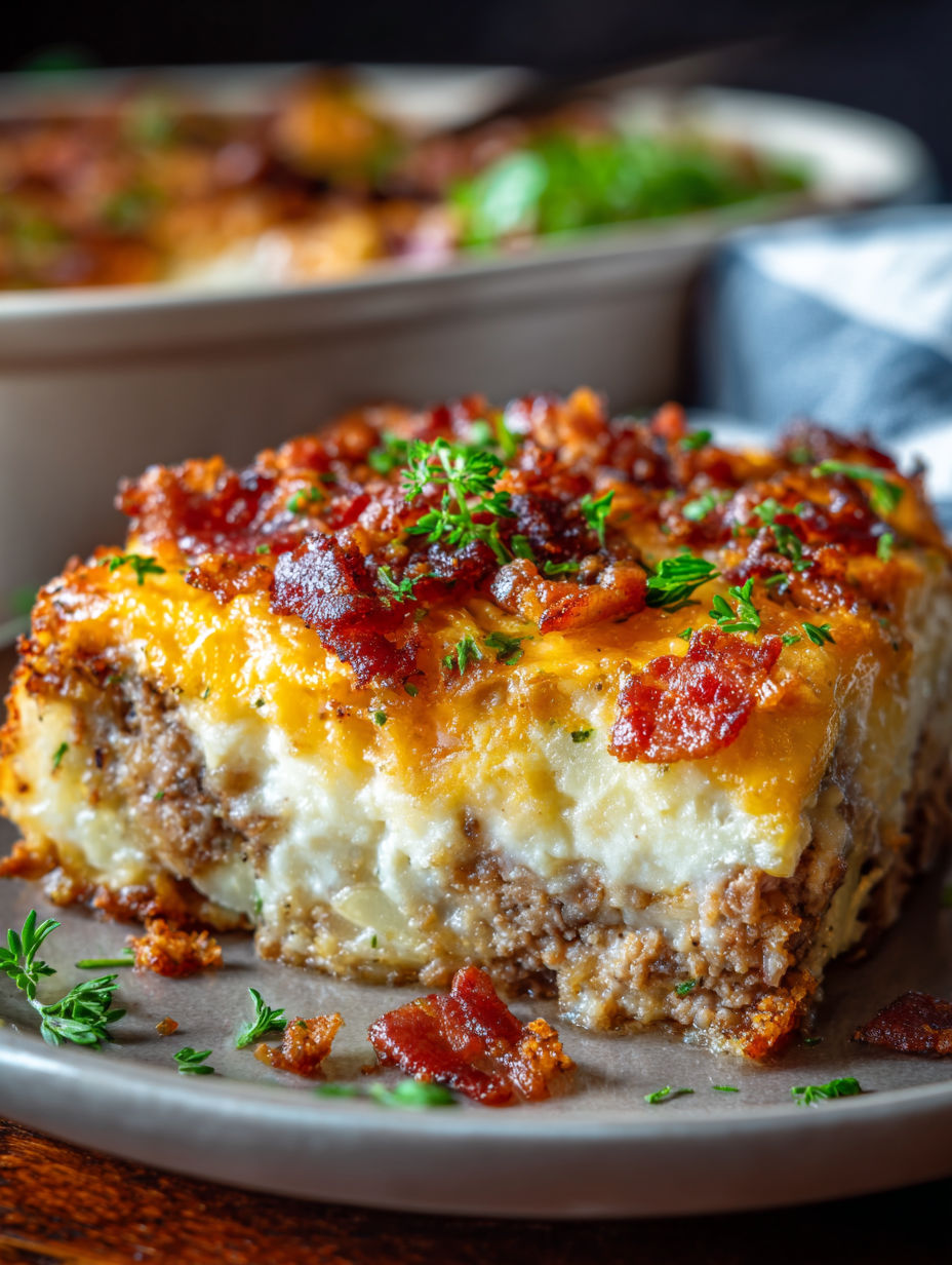A loaded potato meatloaf casserole on a plate.