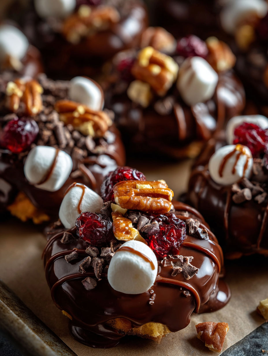 Chocolate donuts topped with marshmallows and nuts.