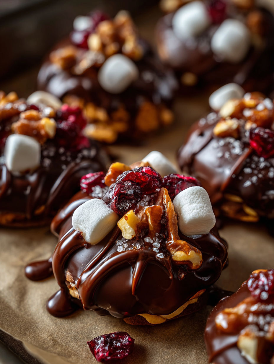 Chocolate dessert topped with marshmallows and nuts.