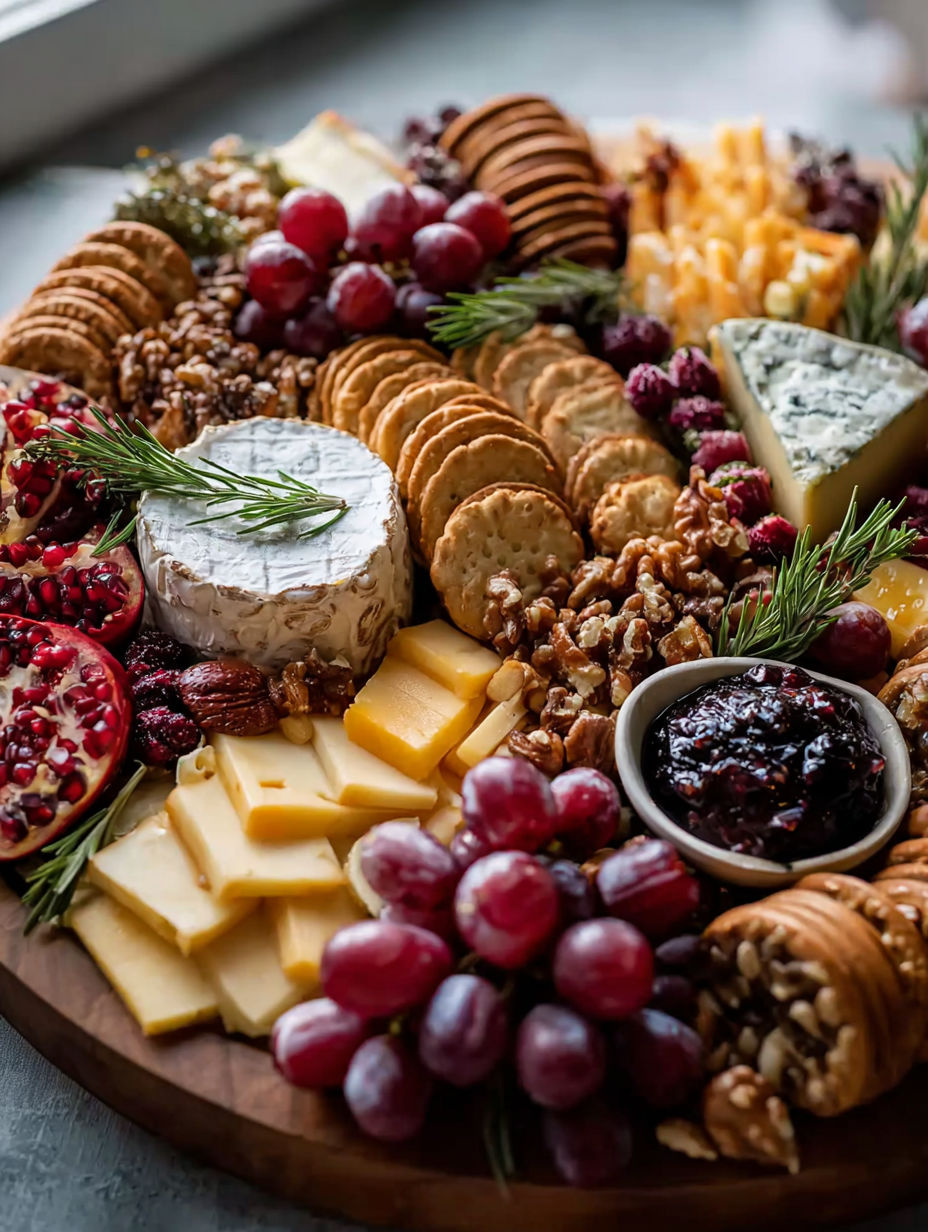 Cheese board with crackers and grapes below