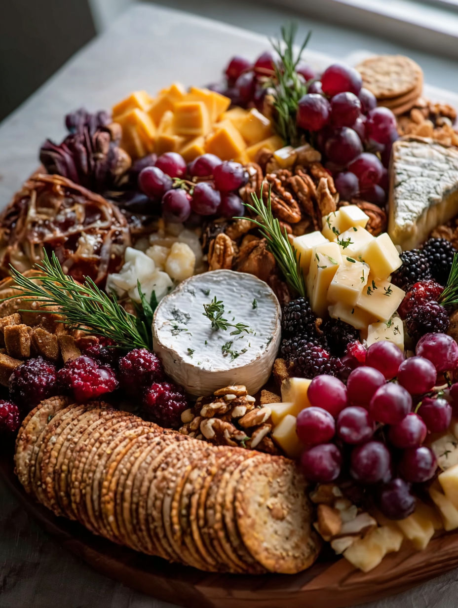 Cheese board featuring grapes and various cheeses