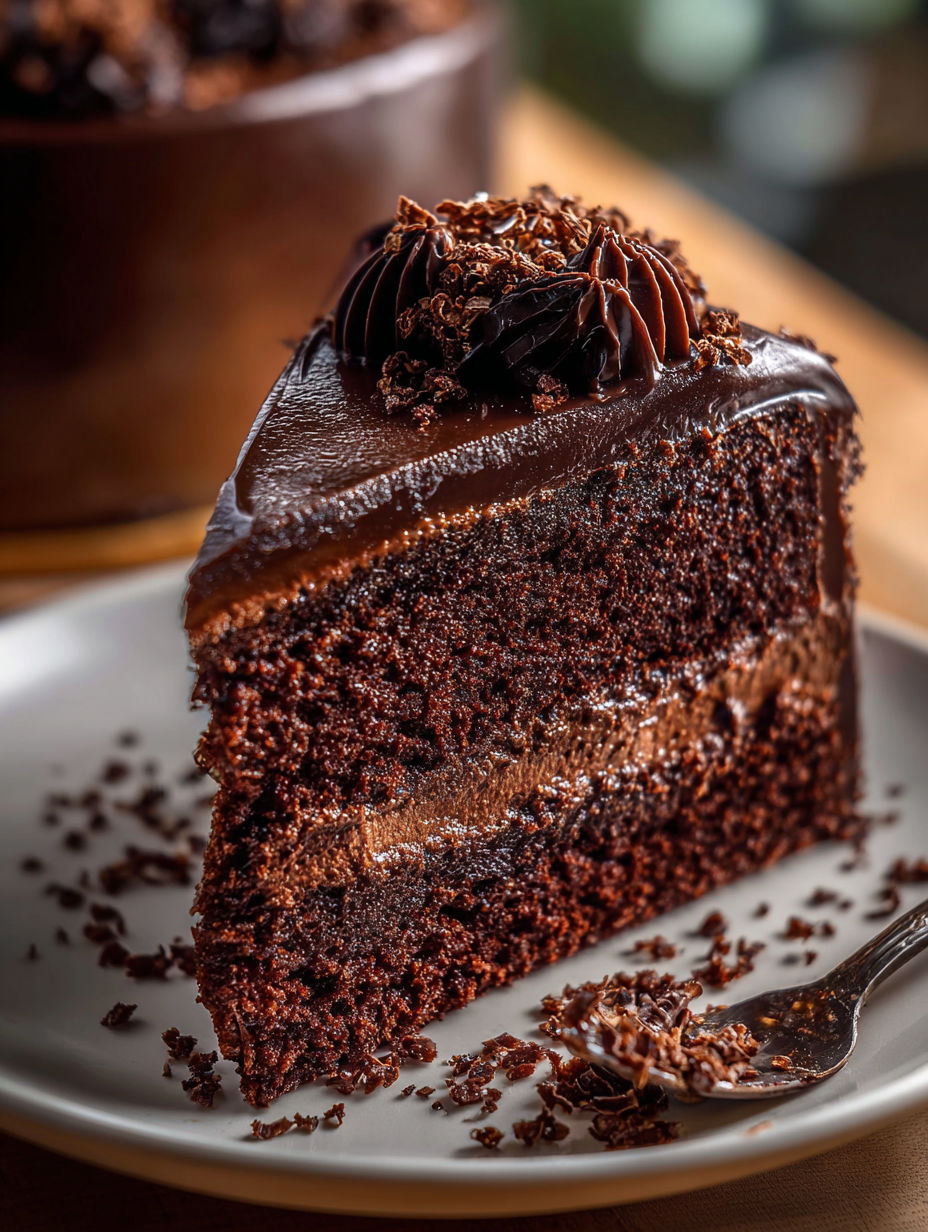 A slice of chocolate cake with chocolate frosting.