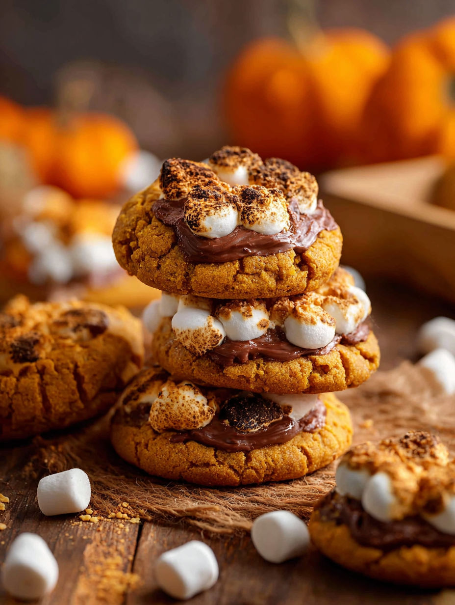 Stacked Pumpkin S'mores Cookies on a table.