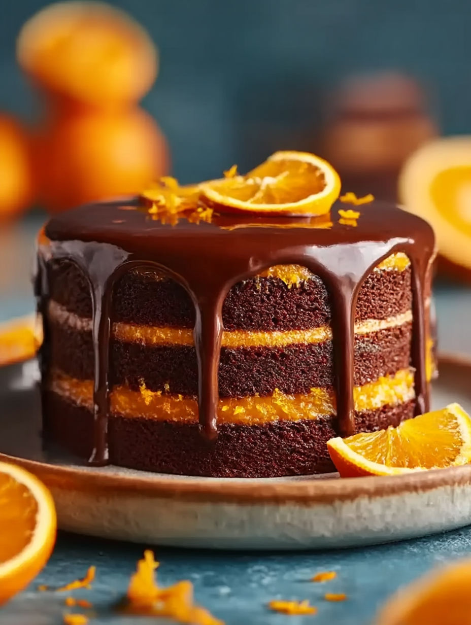 Chocolate orange cake with glossy ganache on top.