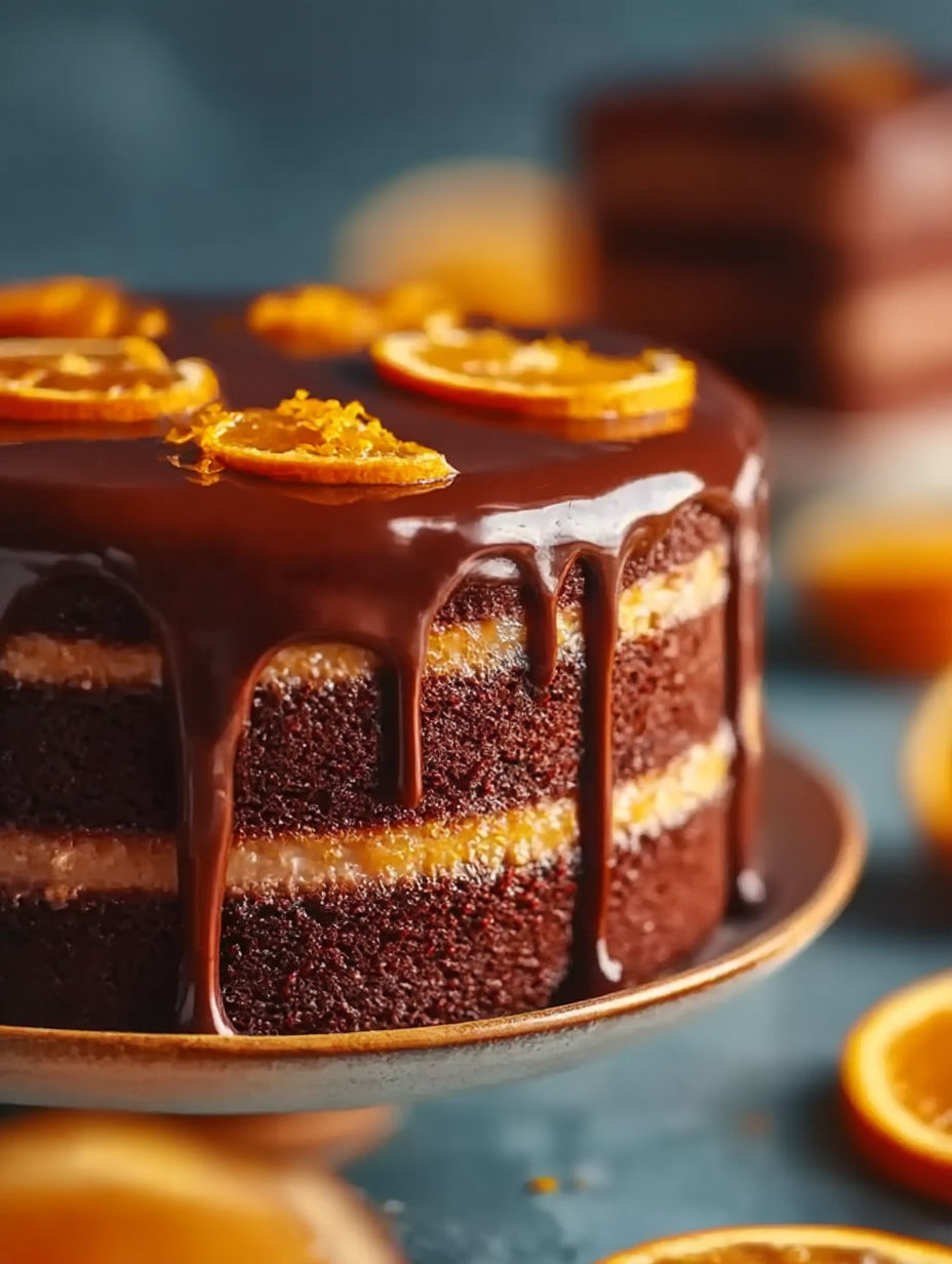Chocolate orange layered cake with creamy ganache