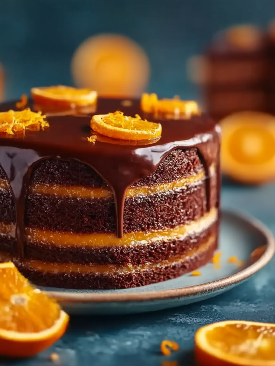 Chocolate orange layered cake with ganache