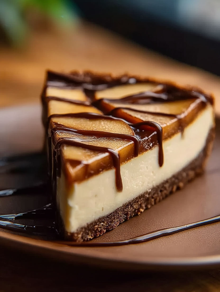 Slice of apple butter cheesecake with chocolate drizzle