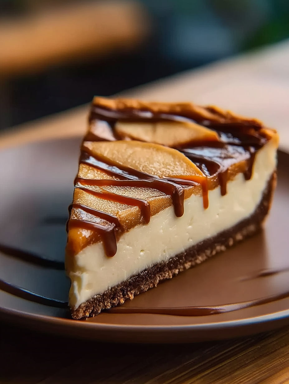 A slice of cheesecake with caramel drizzled on top.
