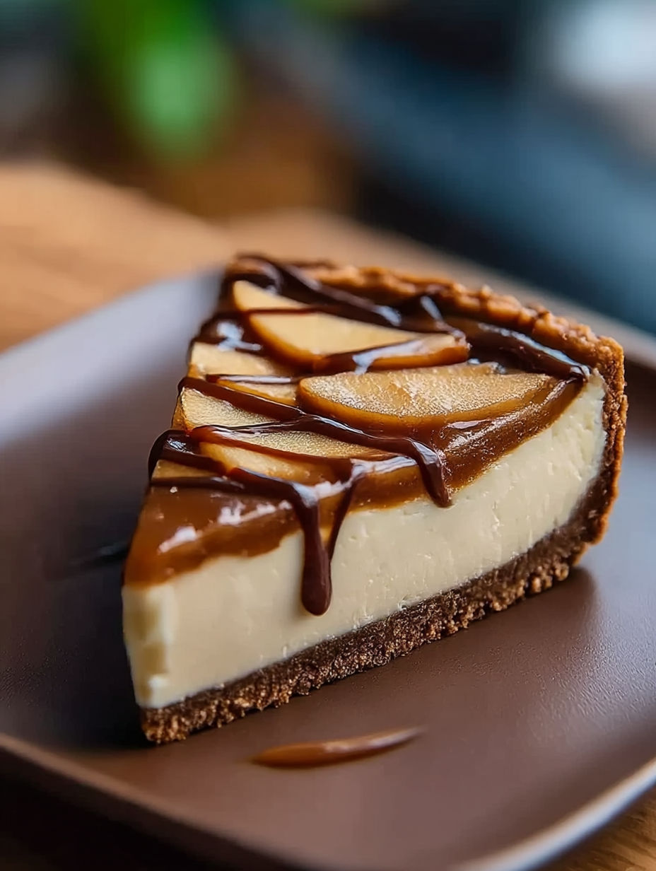 A slice of cheesecake with caramel drizzled on top.
