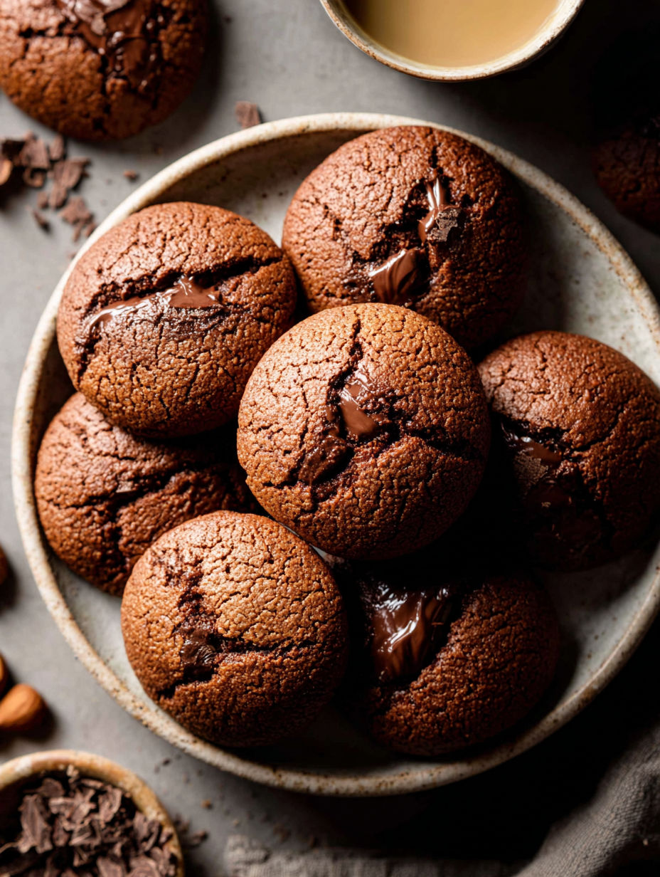 Chocolate cookies arranged with chocolate drizzled on top.