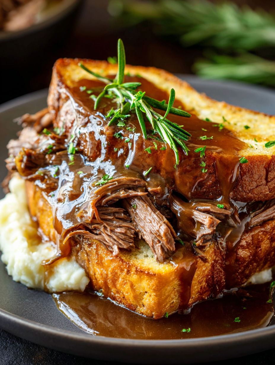 Close-up of a beef manhattan sandwich.