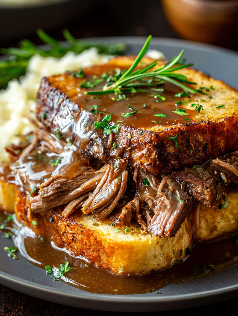 Close-up of a beef manhattan sandwich.