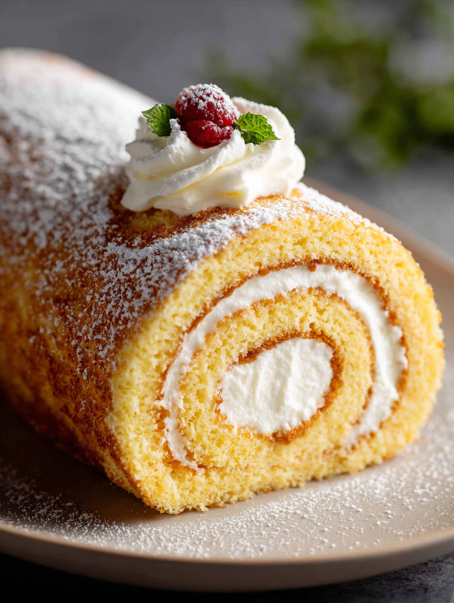 Vanilla Swiss roll cake with white cream frosting and a raspberry on top.
