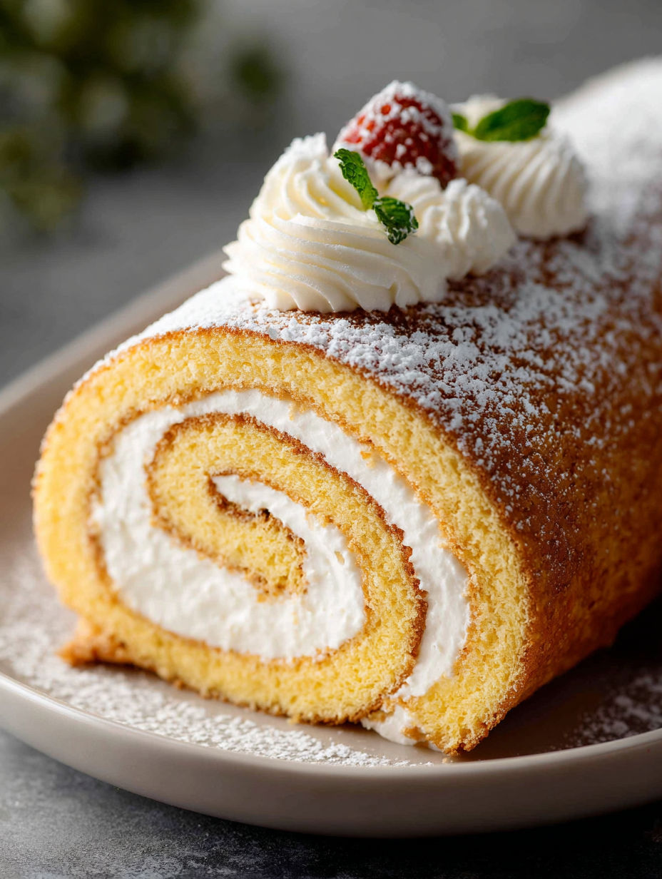 Vanilla Swiss roll cake topped with white frosting and strawberries.