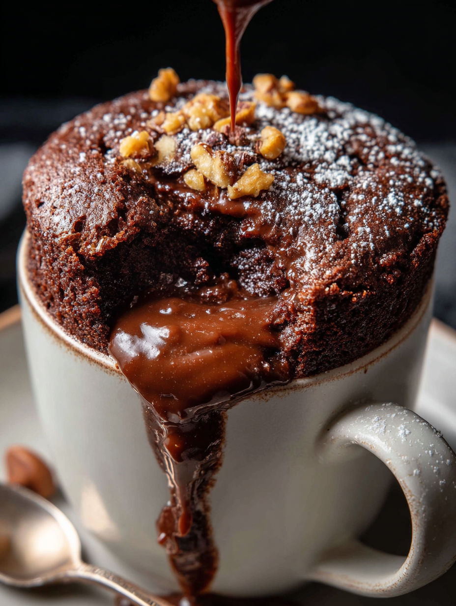 A mug of Nutella Mug Cake with a drizzle of chocolate sauce.