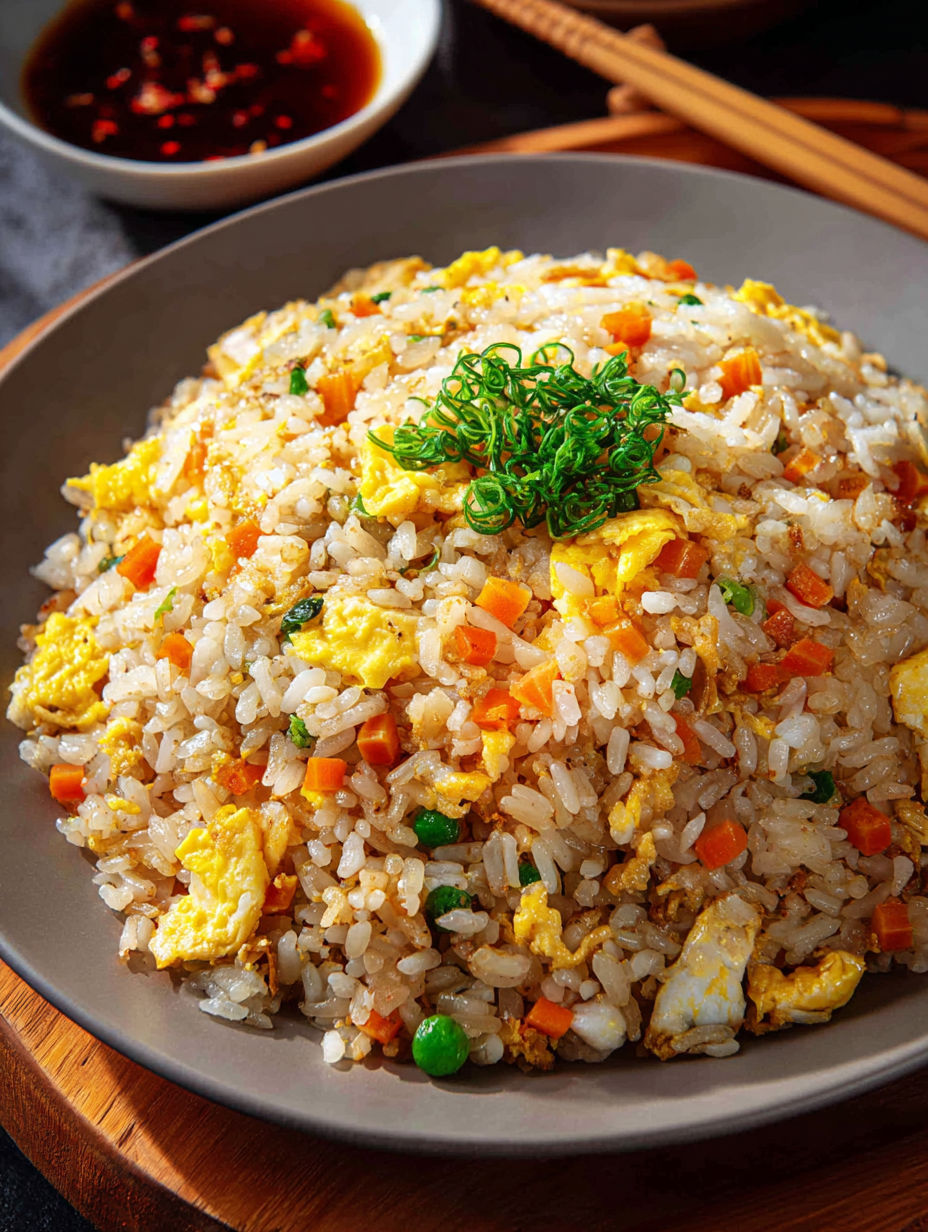 A plate of Chinese egg fried rice.