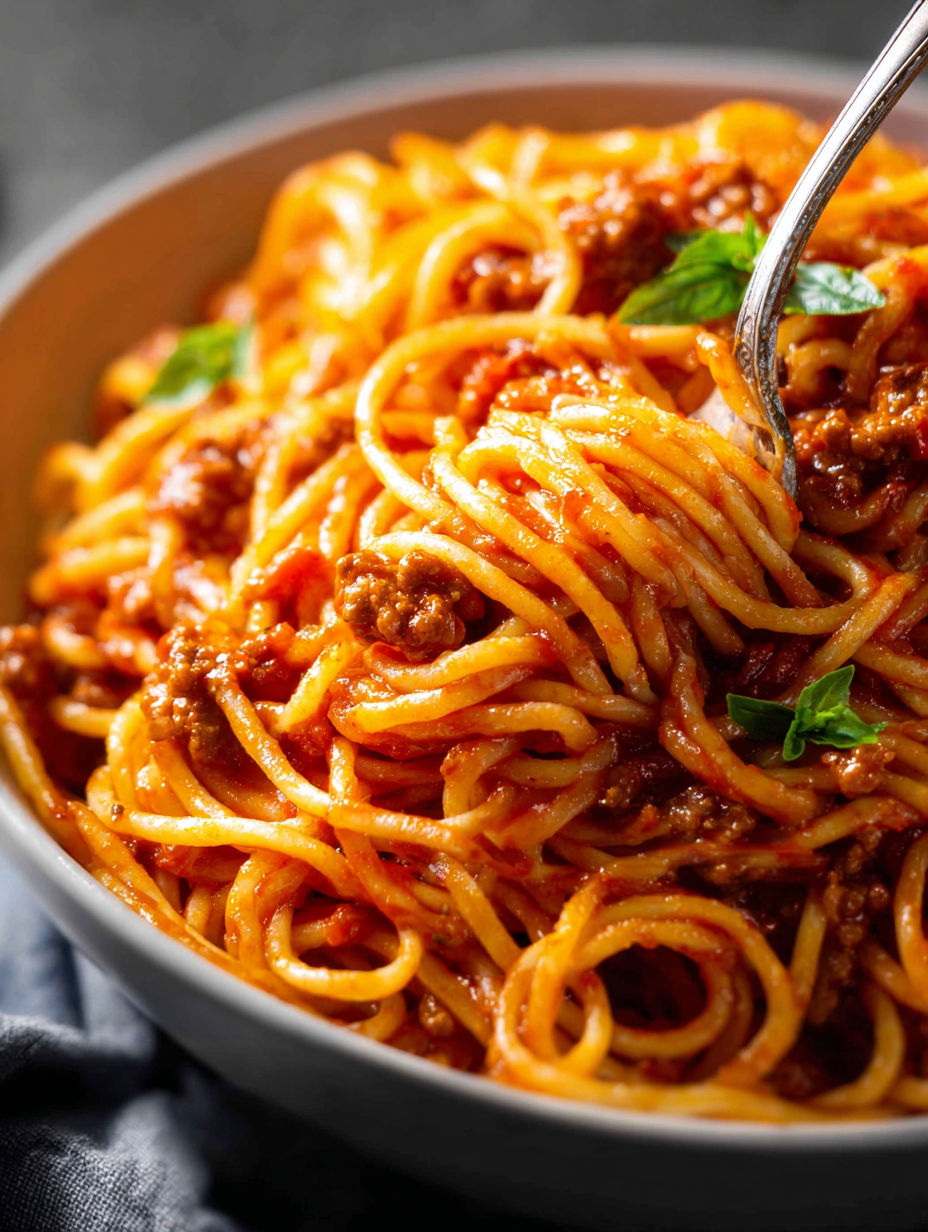 A bowl of spaghetti and meat sauce.