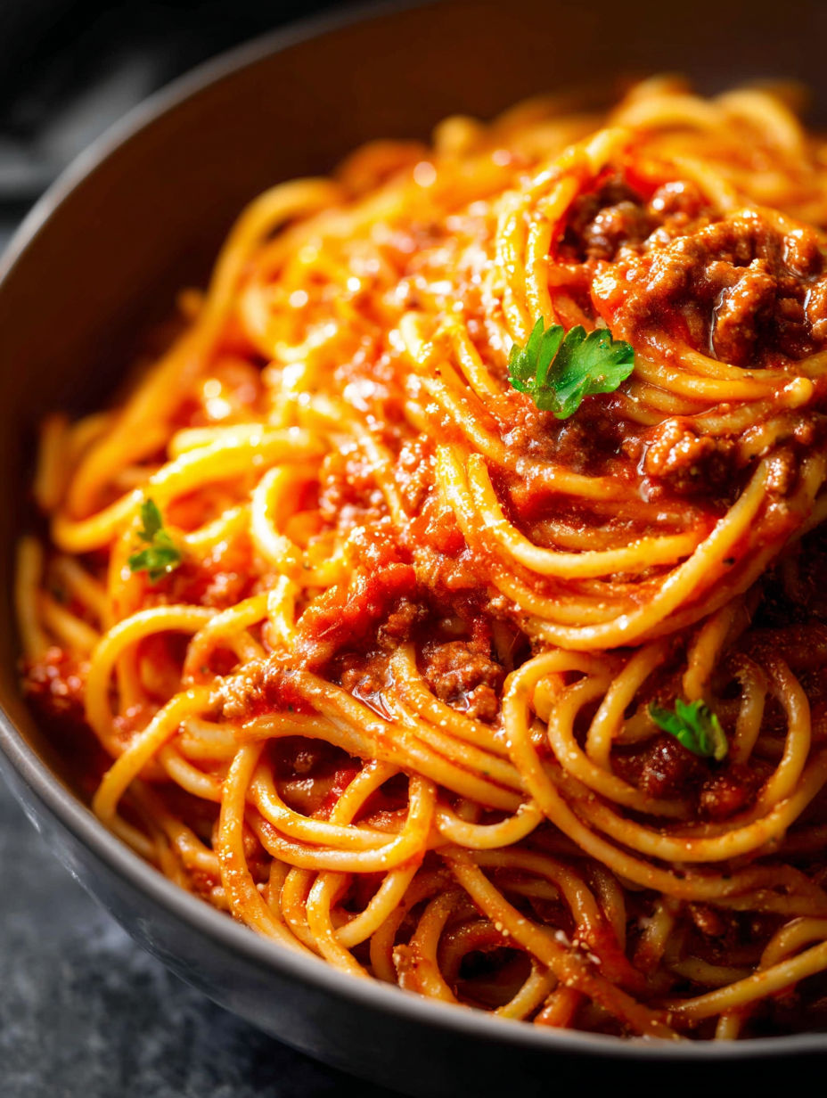A bowl of spaghetti and meat sauce.