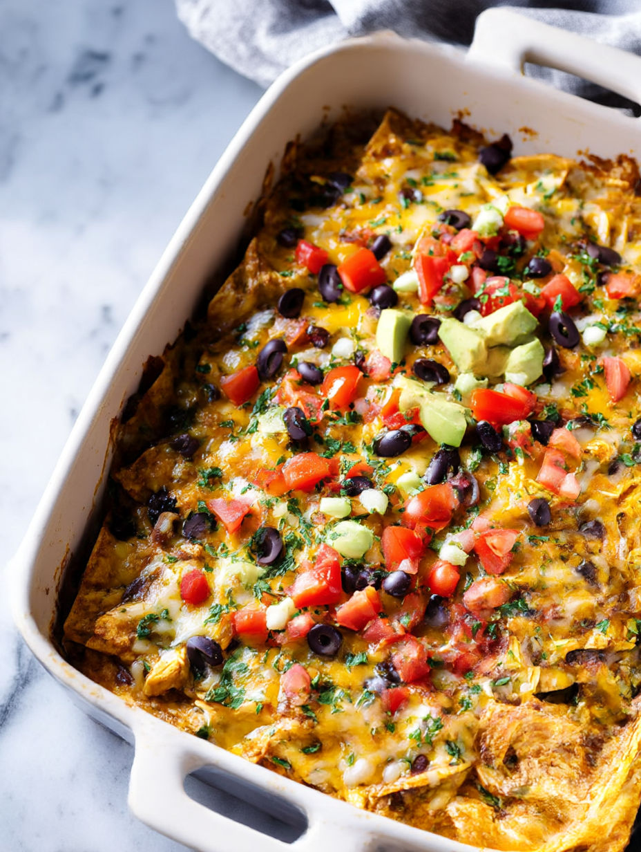 A plate with chicken enchilada bake.