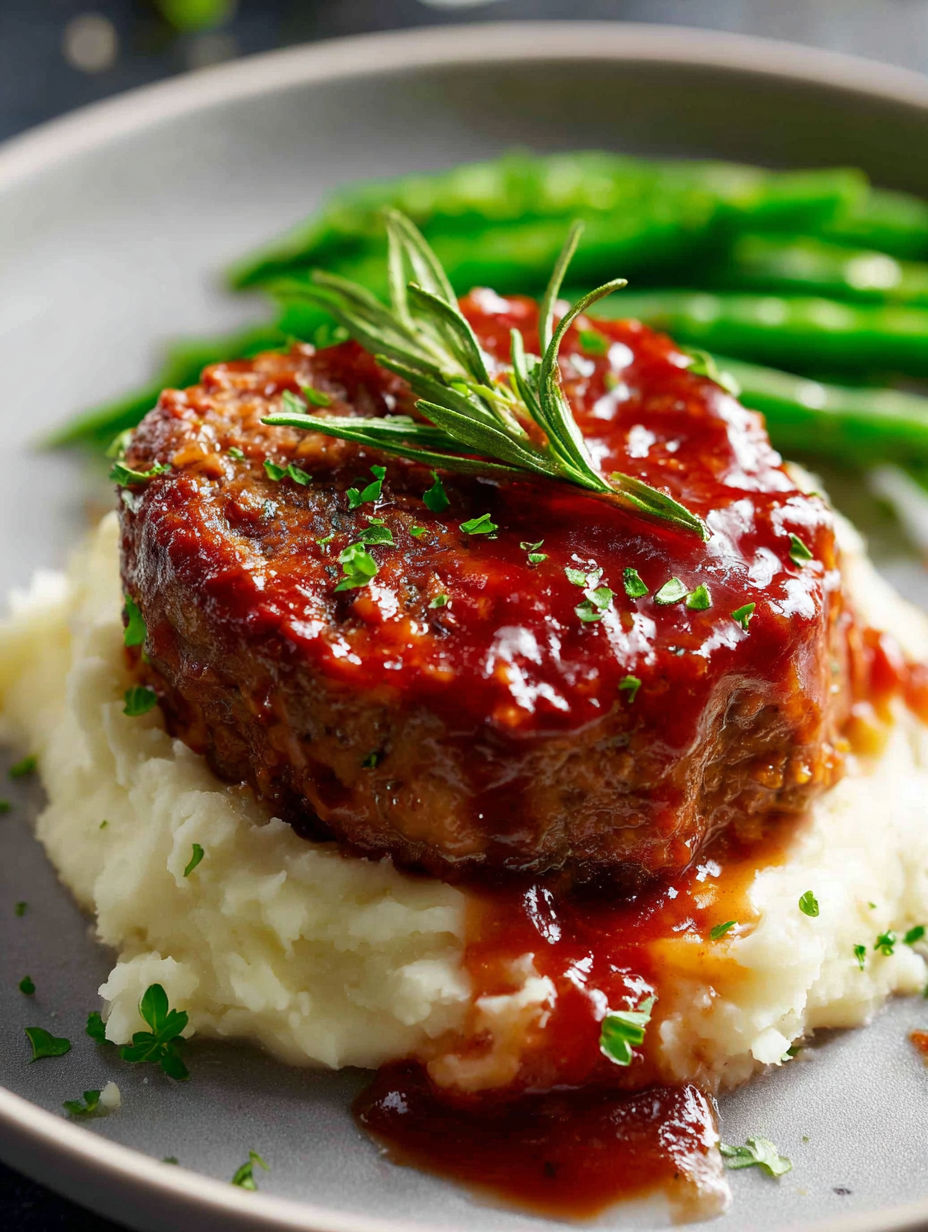 A small chunk of meatloaf crowned with a sprig of parsley.
