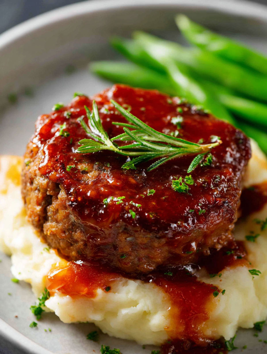 A small piece of meatloaf with a sprig of parsley on top.
