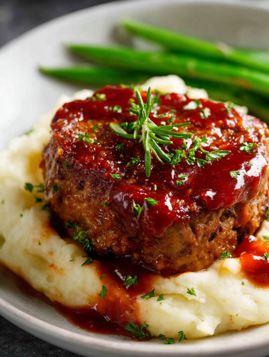 A small meatloaf with a side of mashed potatoes.