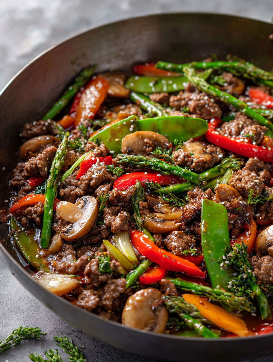 A stir fry with ground beef and vegetables.