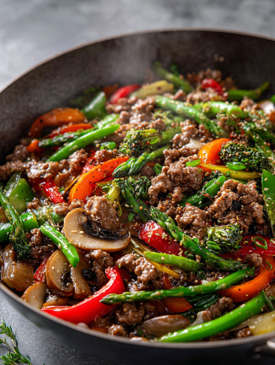 A stir fry with ground beef, mushrooms, peppers, and broccoli.