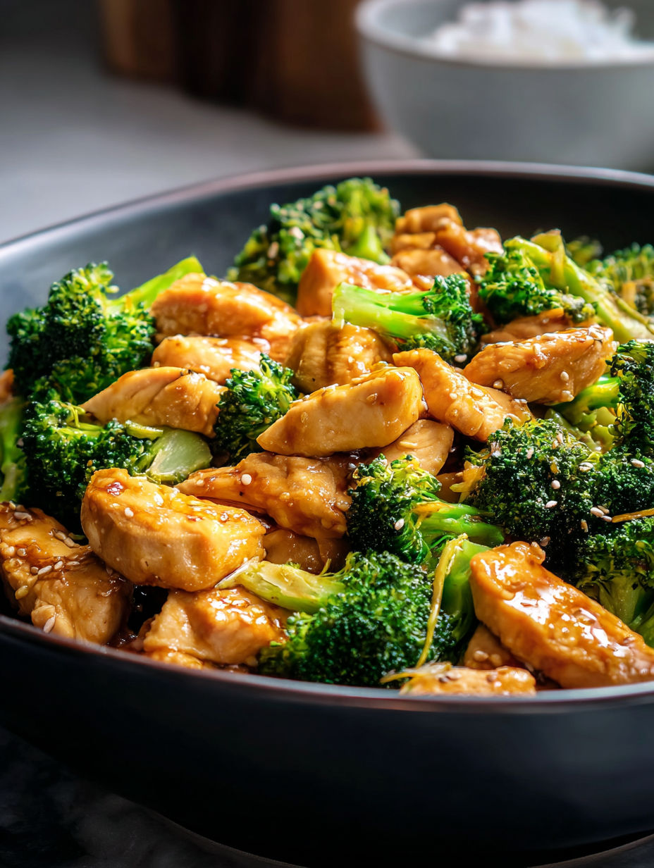 Bowl of chicken and broccoli stir-fry.