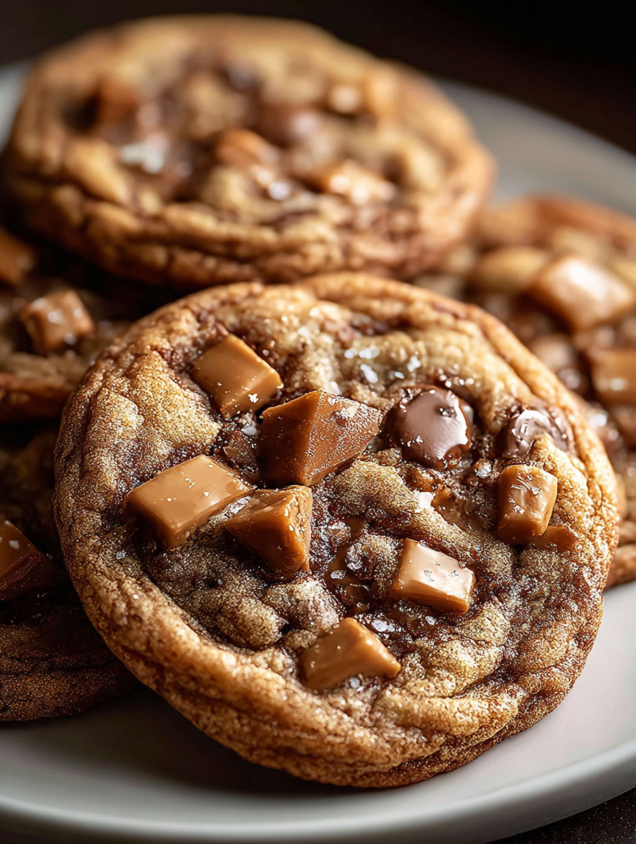 A plate of cookies with caramel drizzle.