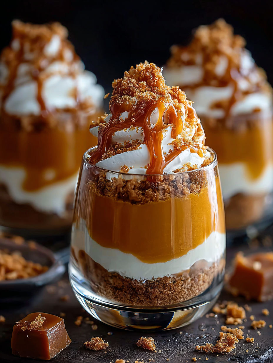 A glass of caramel pumpkin dessert.