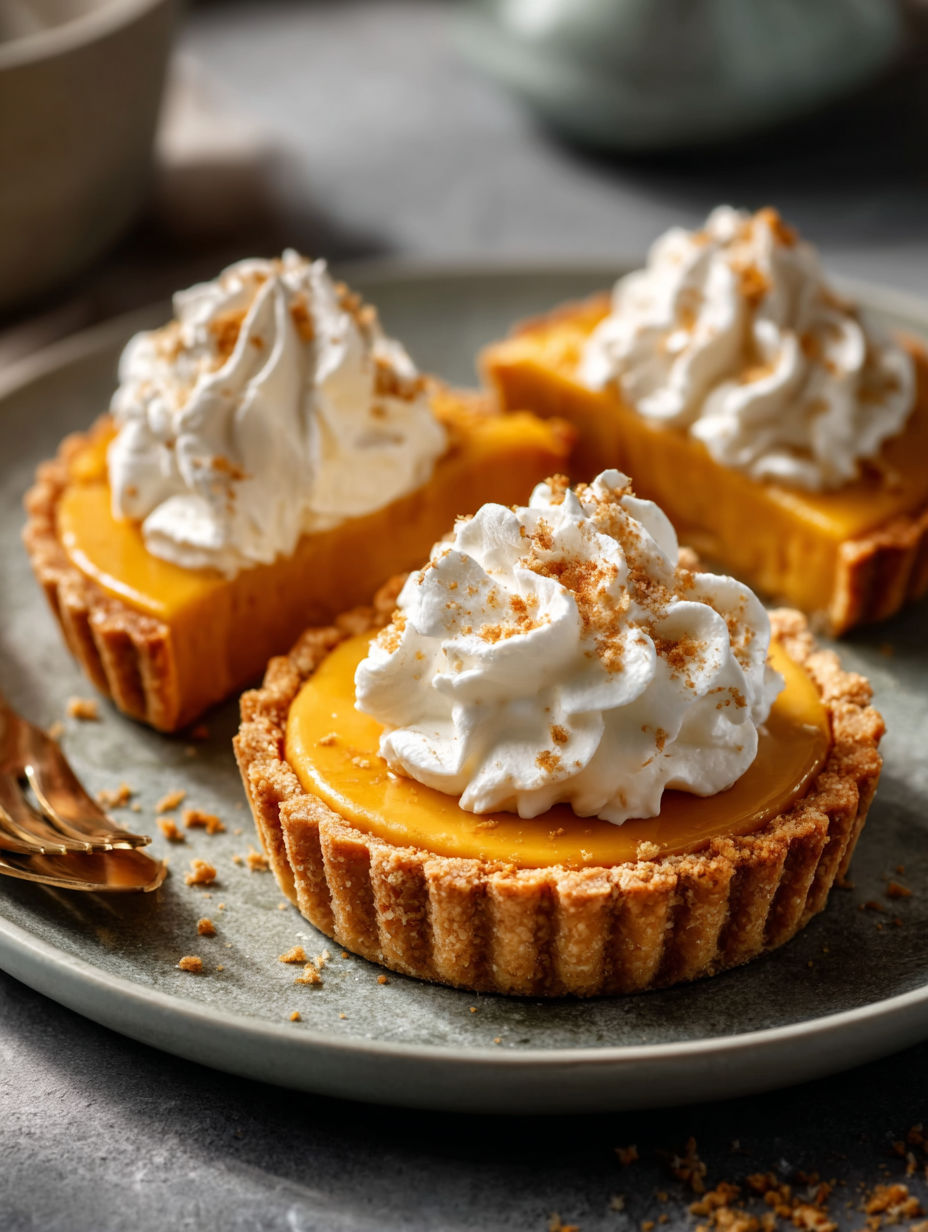 Two small pumpkin mousse tartlets with whipped cream on top.