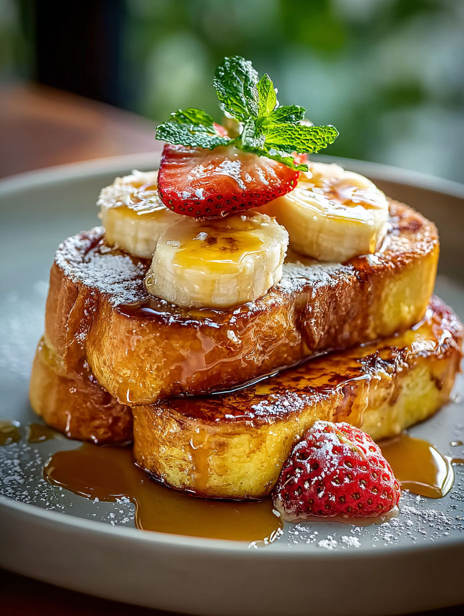 Stack of French toast topped with strawberries and bananas.