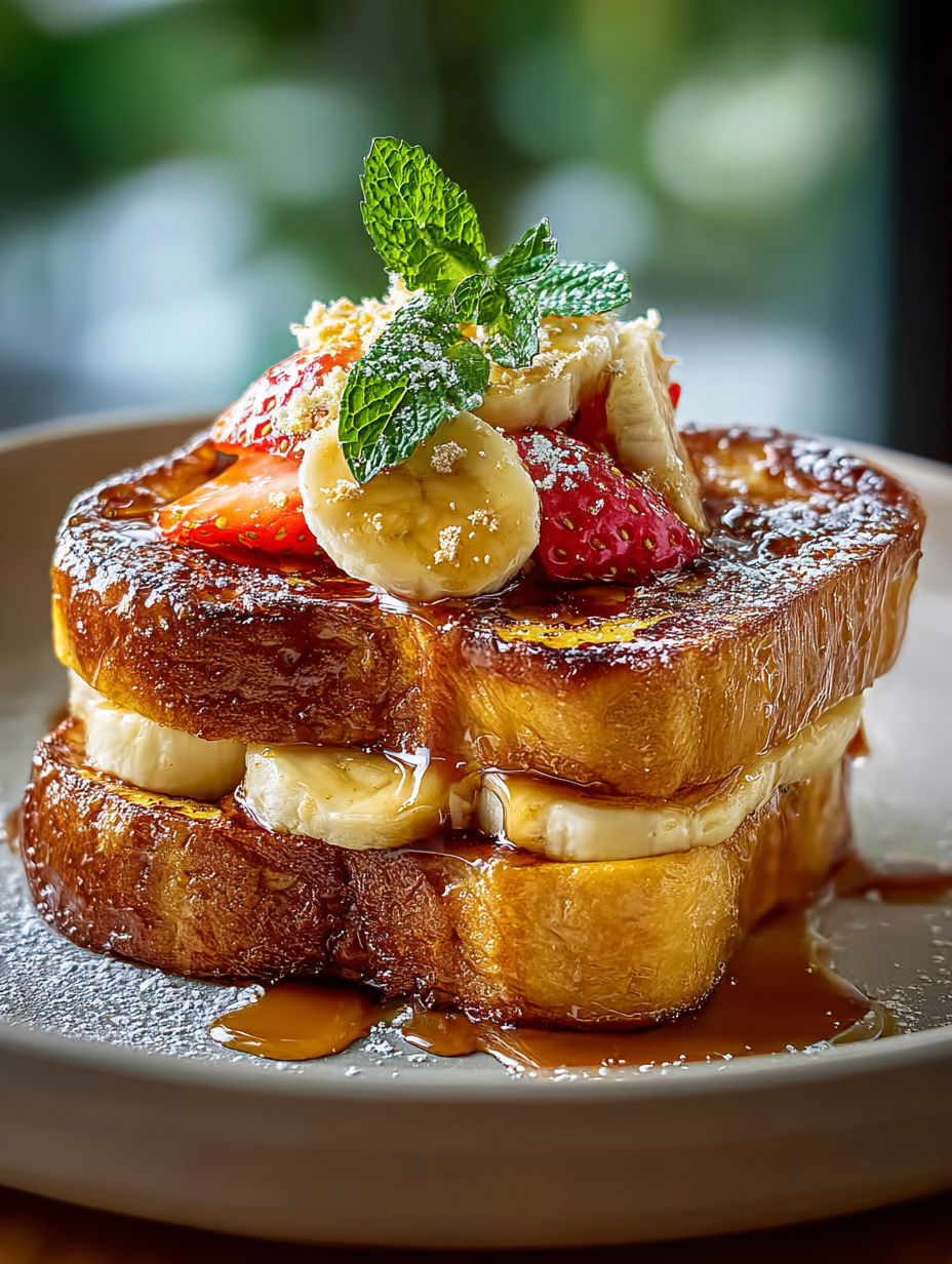 Stack of French toast with bananas and strawberries.