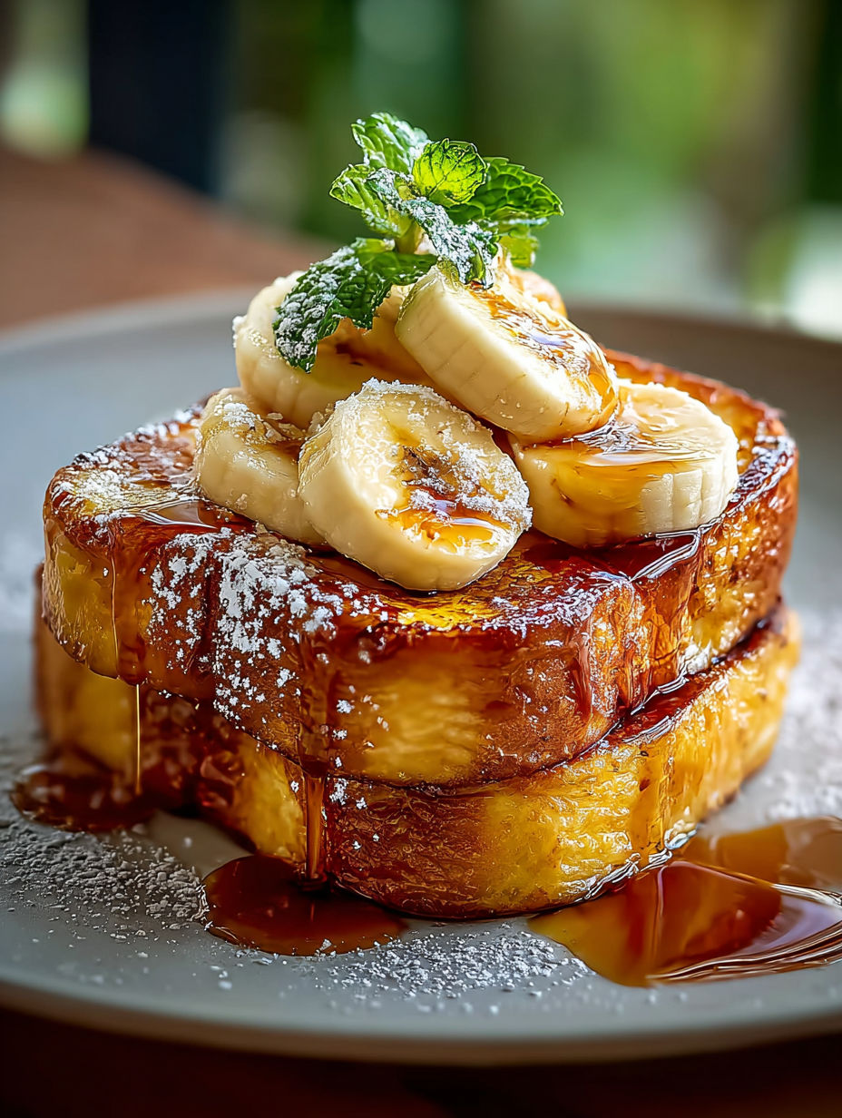 Stack of French toast with bananas and powdered sugar.