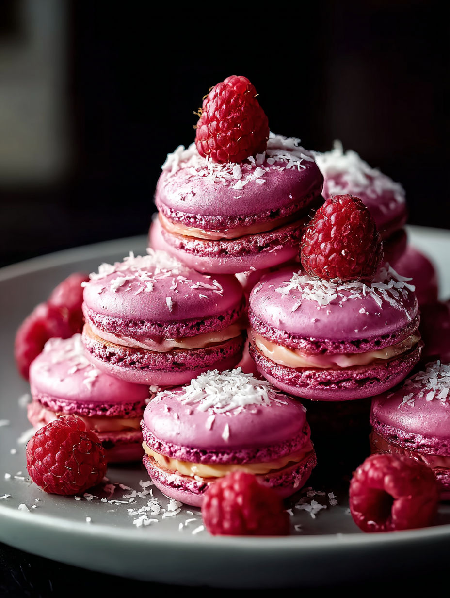 Pink macarons with white powdered sugar and raspberries on top.