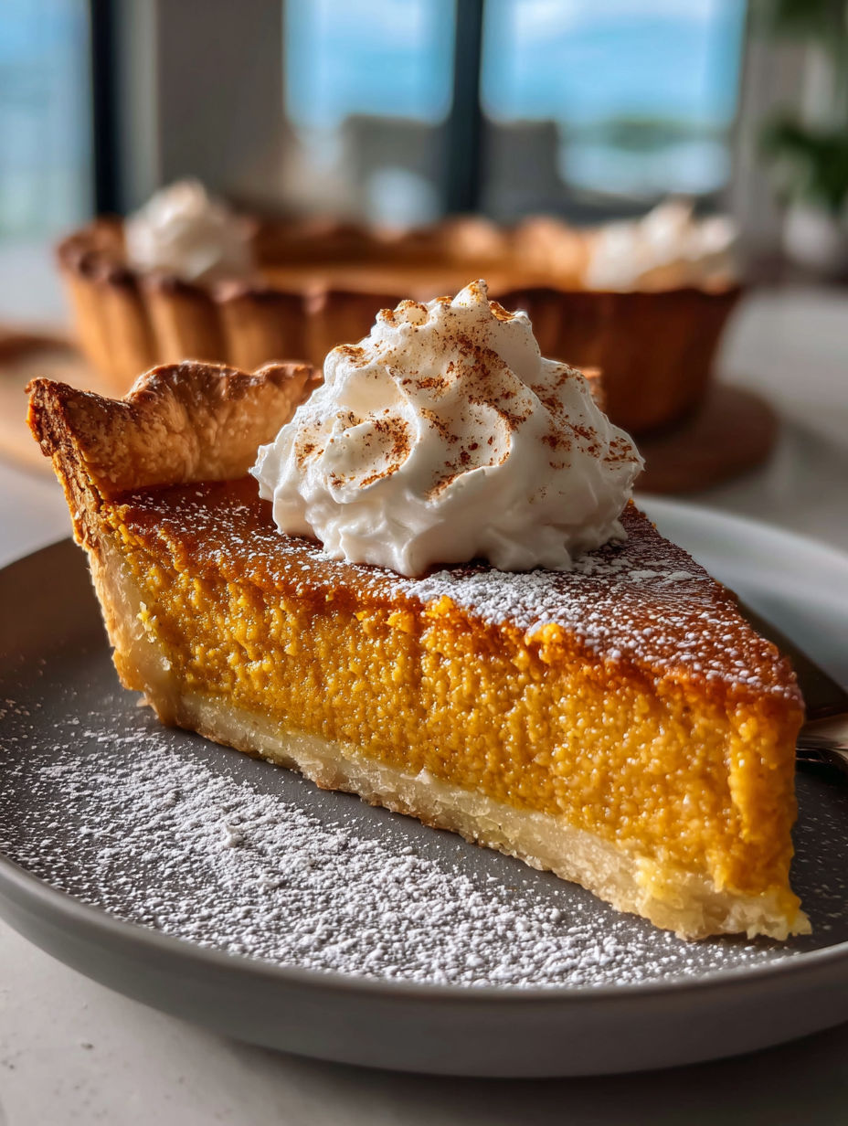 A slice of pumpkin pie with whipped cream on top.