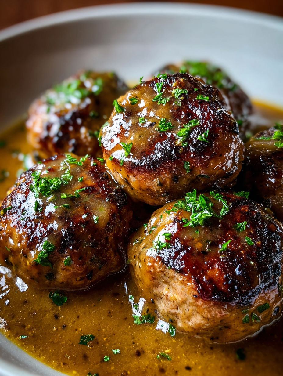 Mozzarella filled meatballs swimming in brown sauce.