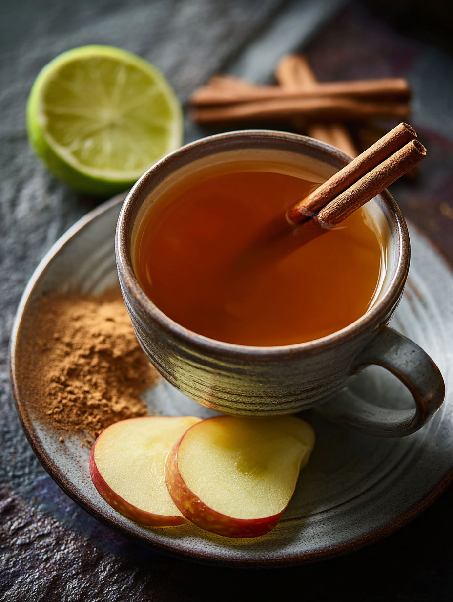 A cup of tea with cinnamon and ginger.