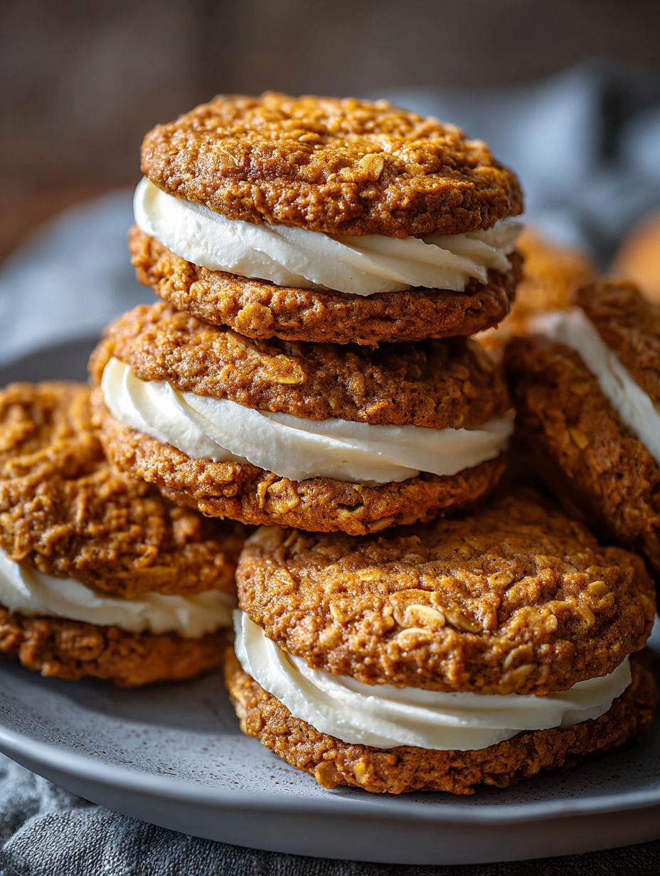 Pumpkin Oatmeal Cream Pies stacked on a plate.