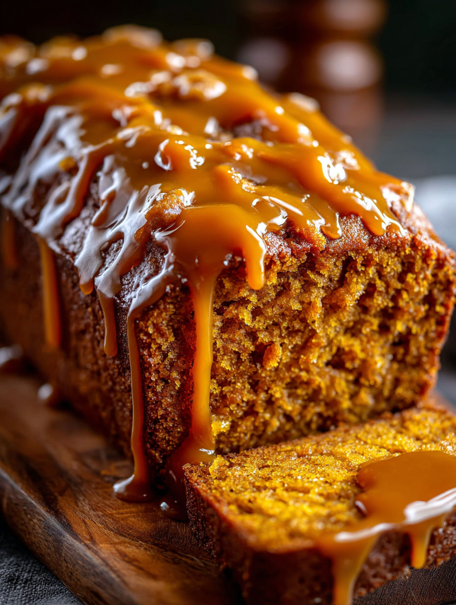 A slice of moist butterscotch glazed pumpkin bread.