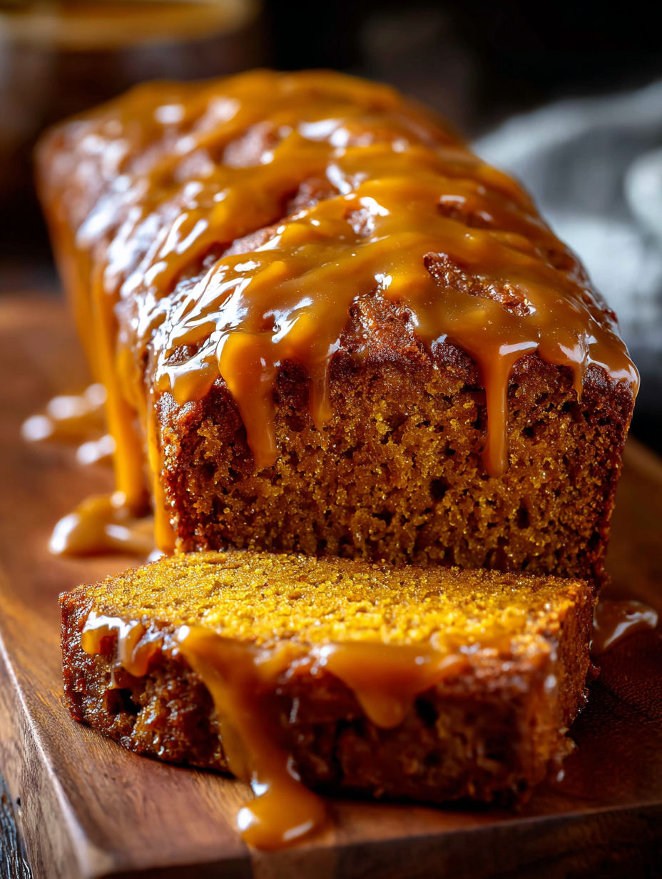 A slice of moist butterscotch glazed pumpkin bread.