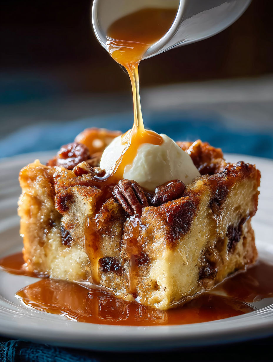 A piece of Orleans bread pudding topped with bourbon sauce.